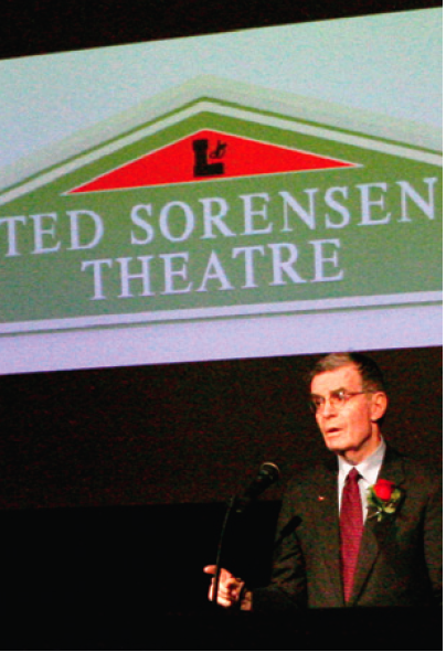 Ted Sorensen speaks at the dedication of the new LHS theatre named in his honor last January. Photo by Greg Keller.