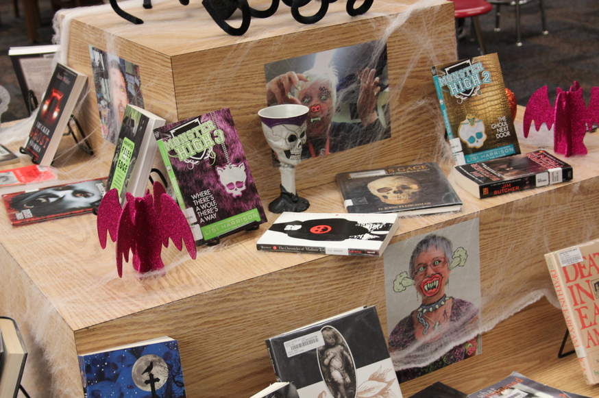 LHS Media Specialists prominently featured a variety of books and magazines for Halloween in a display in the Media Center. 