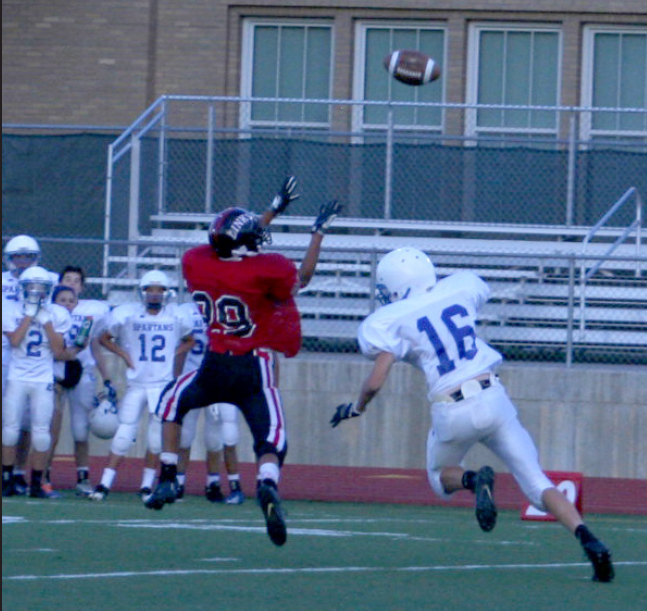 Marcus Haynes makes a catch during the Lincoln High vs. East Freshman Football Game on Sept. 12th at Beechner. LHS defeated the Spartans 36-12.
Photo by Bella Schmidt
