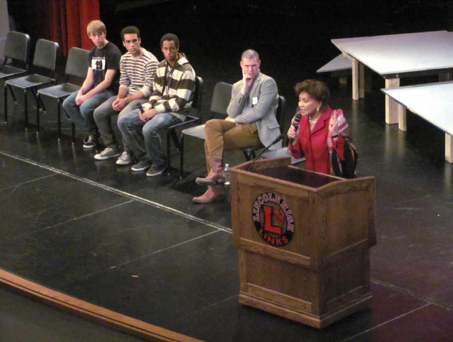 Playwright Janet Langhart Cohen speaks to the Lincoln High students with Paul Schack, Landon Beard, Devin Tate, and Jordan Deffenbaugh a Haymarket Theatre actor, the selected cast members of “Anne and Emmett,” an imagined conversation between Anne Frank and Emmett Till.  Photo by Greg Keller