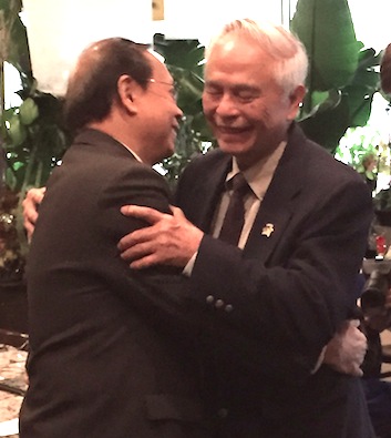 Lincoln business community leader Dau Nguyen (left) and his former commanding officer Kiem Do embrace upon meeting again 40 years after the last time they spoke during the fall of Saigon in Vietnam. Do will speak as part of a panel after the showing of the Oscar-nominated documentary, Last Days in Vietnam in the Ted Sorensen Theatre at Lincoln High School on Thursday, March 26, at 6:30 p.m. The event is free and open to the public. Photo courtesy of Dr. Randy Ernst