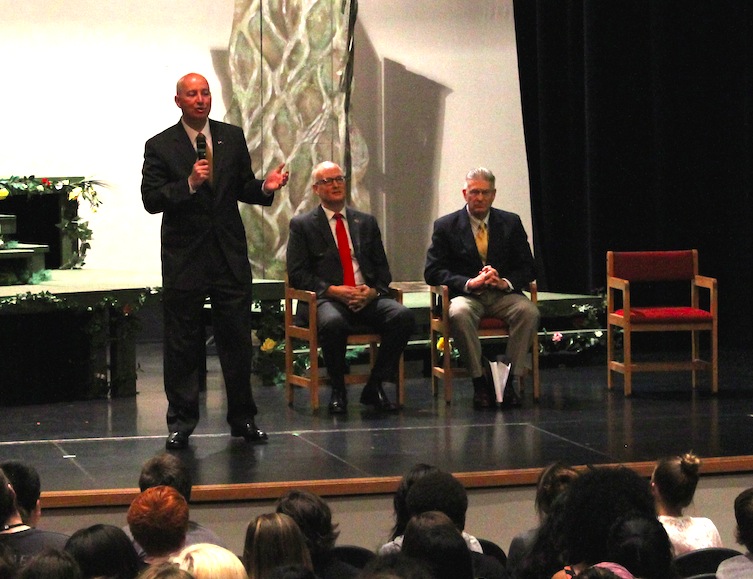 Nebraska Governor Pete Ricketts fields questions from Lincoln High students during an assembly for Law Day on May 1, 2015. Ricketts was asked about his opinion on same-sex marriage and the rights of businesses to refuse service to gay couples. 