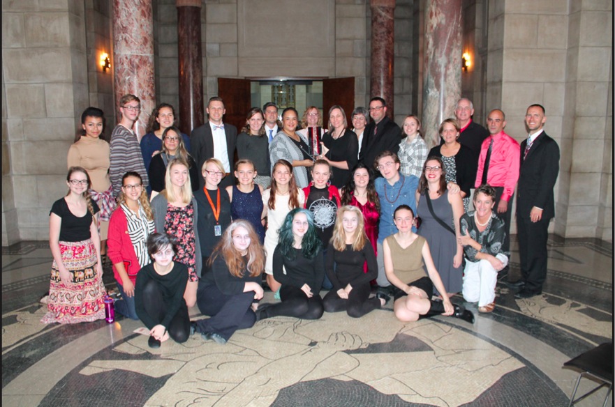 Lincoln High administrators, teachers, and students, all of whom played a role in achieving this award, pose for a photo at a ceremony in the Capitol Rotunda on October 21st, 2015.