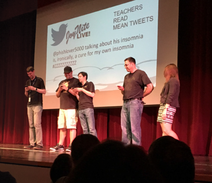 Andrew Bargen, Lucas Varley, Brian Goodbrake, Justin Holbein, and Lindsey Herting read mean tweets during this years Joy Night performance. Photo by Samantha Stuefer