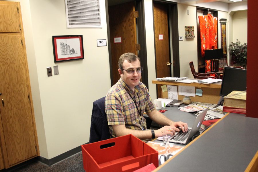 
Carter Hulinsky works in the Media Center. Photo by Ahmed Naser