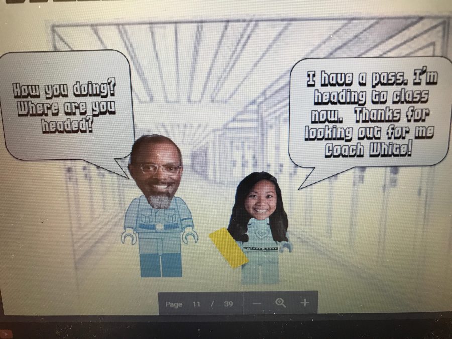 Screenshot from an April 11th  PBiS lesson on Tardy Sweeps demonstrating correct and incorrect behaviors in the hallways. 