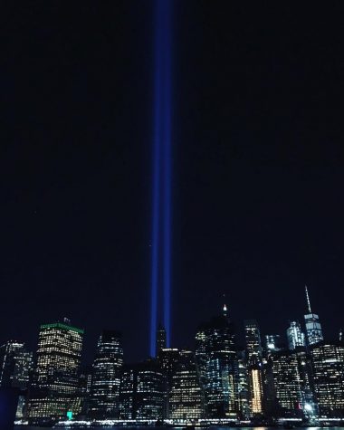 The Tribute in Light  shines from just south of the former site of the World Trade Center in New York City in remembrance of the terror attacks on Sept. 11, 2001. The two beams of light, which are created by 88 searchlights, represent the Twin Towers. The lights shine every year and are produced by the Municipal Art Society of New York. Photo courtesy of Nhu-Y Ngo (LHS class of 2005)