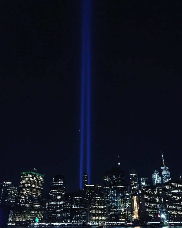 The Tribute in Light  shines from just south of the former site of the World Trade Center in New York City in remembrance of the terror attacks on Sept. 11, 2001. The two beams of light, which are created by 88 searchlights, represent the Twin Towers. The lights shine every year and are produced by the Municipal Art Society of New York. Photo courtesy of Nhu-Y Ngo (LHS class of 2005)