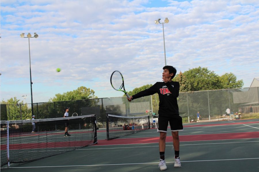 Pablo Souto (10) returns the ball on September 29th, 2017 at Woods Tennis Center. Photo Courtesy of Carson Allen. 
