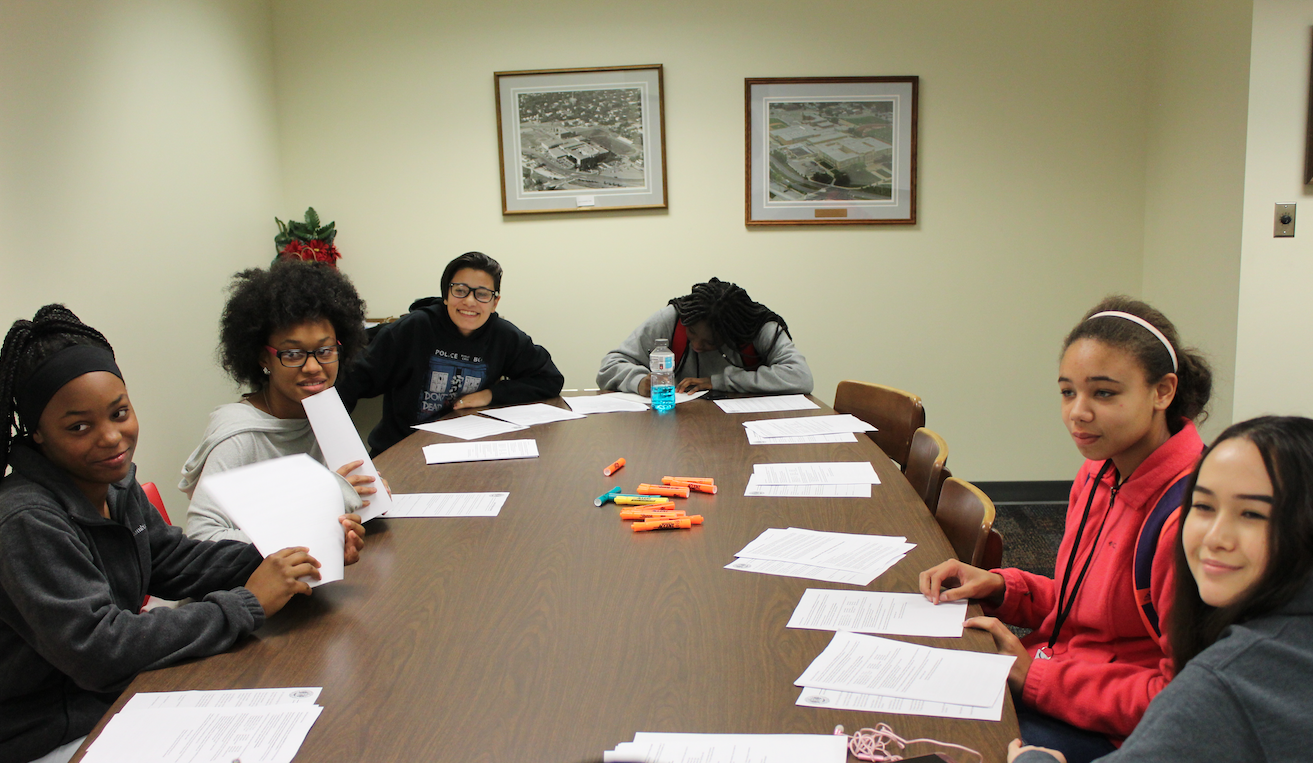 Members of Lynx, the new LHS dance team, listen to sponsor Jennifer Allen as she discusses ideas for the group. (Clockwise from Left) Naytashel Jones, Ashanti Brown, Lexi Rodgers, Zakira Rhodes, Cassie Brown, and Emily Fitzgerald. Photo by Shaelynn Mayfield.