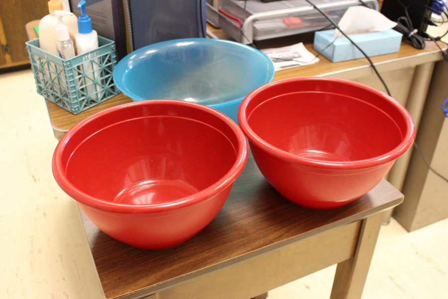 Food bowls sit empty in the Health Office at the beginning of 4th period. Due to cuts in the grant, food has been limited this year and is usually gone by 3rd period. Photo by Maicee Ingwerson