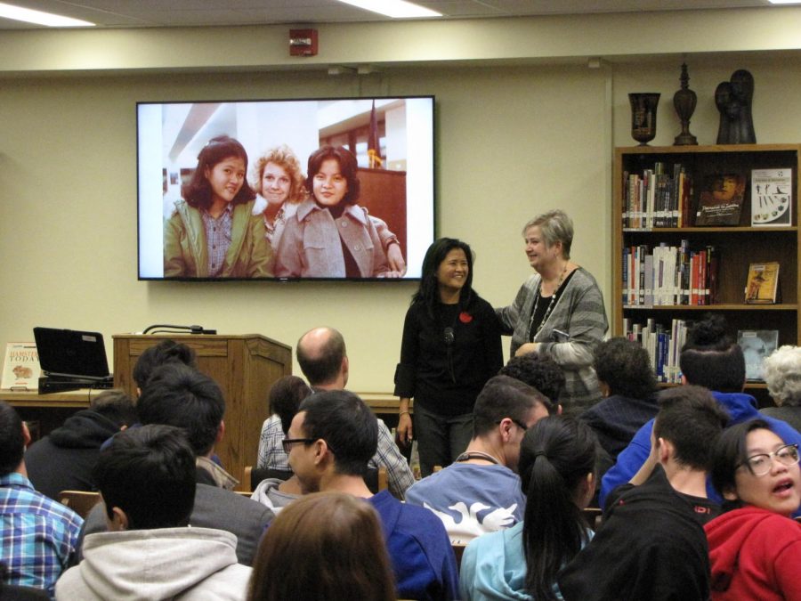 Lincoln High alum and author Channy Laux (left) presents her book, Short Hair Detention: Memoirs of a Thirteen-Year-Old Girl Surviving the Cambodian Genocide, on December 19th, 2017 in the Media Center. Photo by Carter Hulinsky.