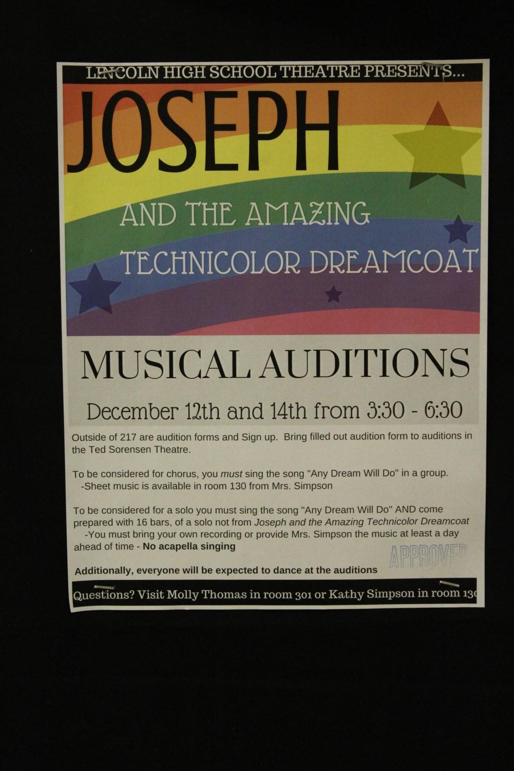 A poster of the information for the auditions for the Lincoln High Musical of