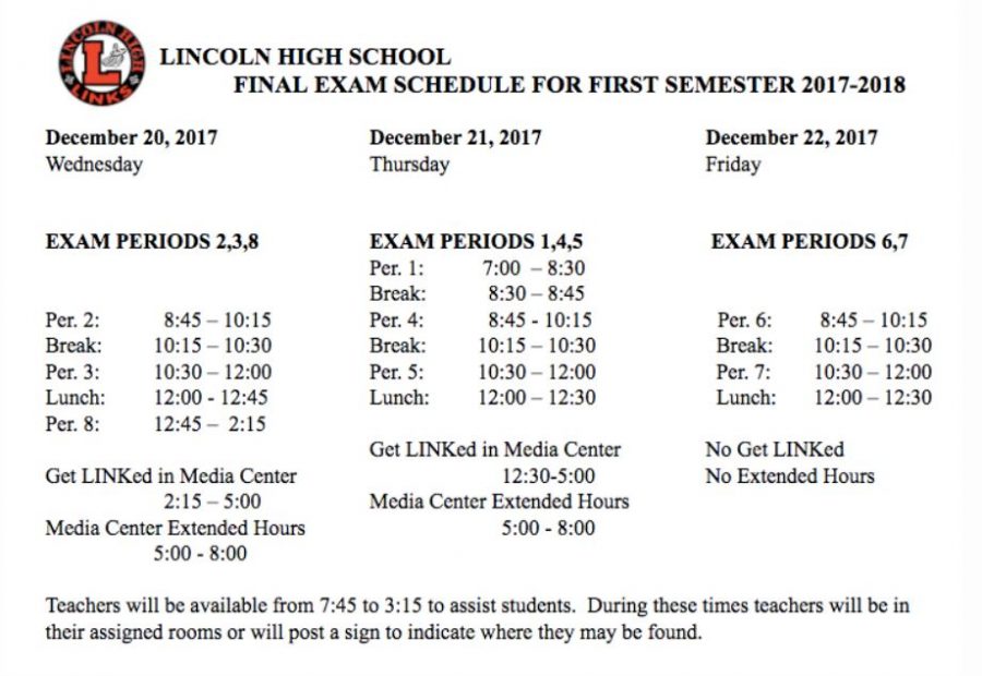 Semester 1 Finals Schedule 2017-18