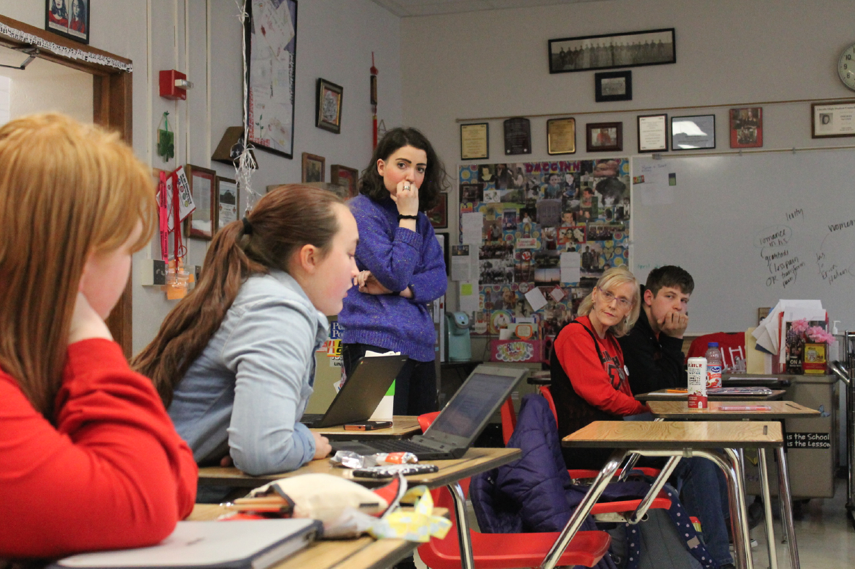 Members of the Slam Poetry team strategize after school on Wednesday, April 18, 2018 for their upcoming bout at the State competition for Louder Than A Bomb. Finals will be held April 24th, 7 p.m. at the Holland Center in Omaha at 1200 Douglas St. Photo by Gillian Kohl