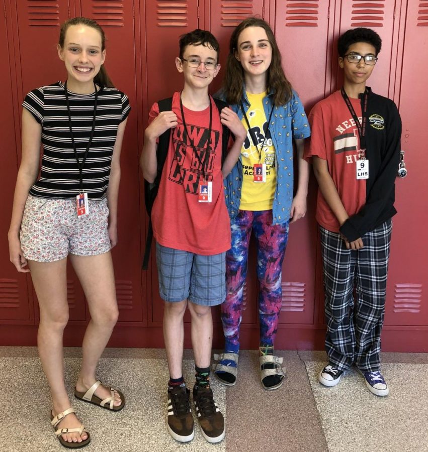 Students+in+Deborah+McGinns+English+class+get+mismatched+for+Monday+of+Spirit+Week.+Left+to+right%3A%0AAudrey+Lester%2C+Toby+Giesbrecht%2C+Zeph+Siebler%2C+Dustin+Stevison.+Photo+courtesy+of+Deborah+McGinn