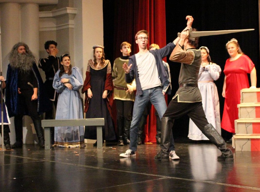 Hank Morgan (Carter Yost) and Sir Lancelot (Carl Schack) do battle during the Fall Play, “A Connecticut Yankee in King Arthur’s Court.” The show runs Thursday, Oct. 4 - Saturday, Oct. 6, 2018. Photo by Zeke Williams