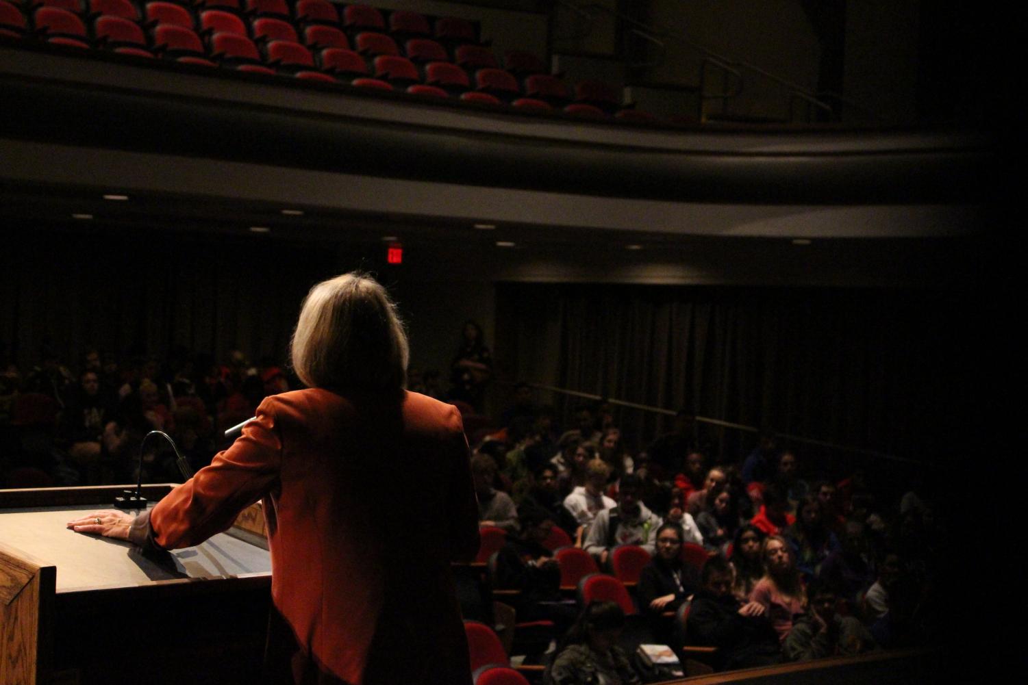 Democratic Nebraska Senate candidate Jane Raybould speaks about her initiatives and ideas to third period social studies classes at Lincoln High School in the Ted Sorensen Theatre on Tuesday, Oct. 30, 2018. Raybould will face Republican Deb Fischer in the General Election next week. Photo by Angel Tran