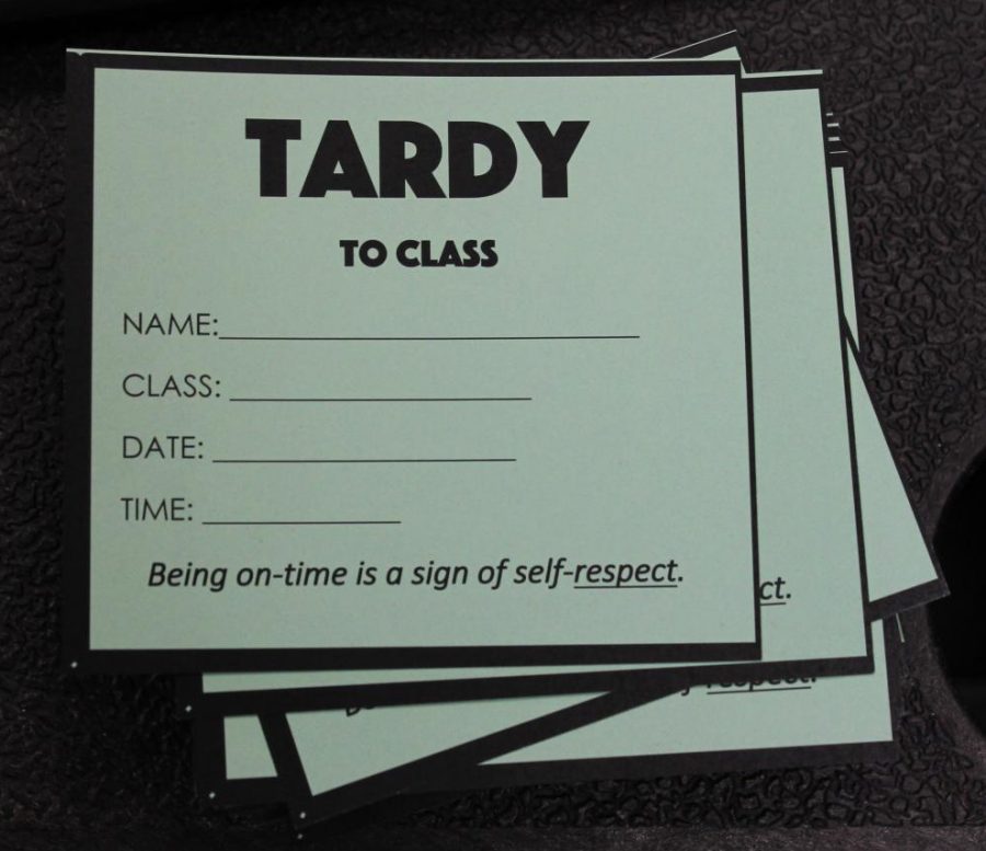 If you are late to your class, go to room 130 or the south entrance to receive a tardy slip. A faculty member will fill it out, and then you will give it to your teacher. Photo by Zeke Williams