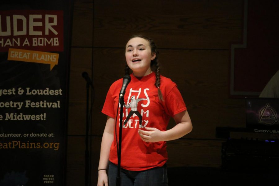 Sophomore Samantha Roblyer performs at last years Louder Than a Bomb state competition. Photo by Carson Allen. 