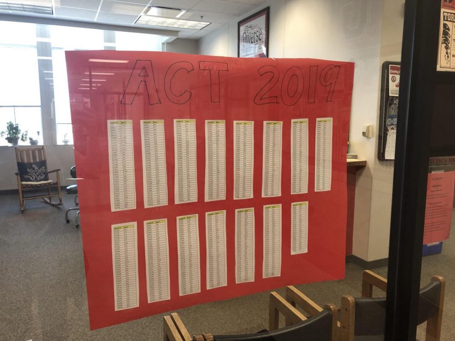 A list of student IDs and what room they are in for the ACT Test on Tuesday April 2, 2019 is up outside of the counselors office. Photo by Emily Price