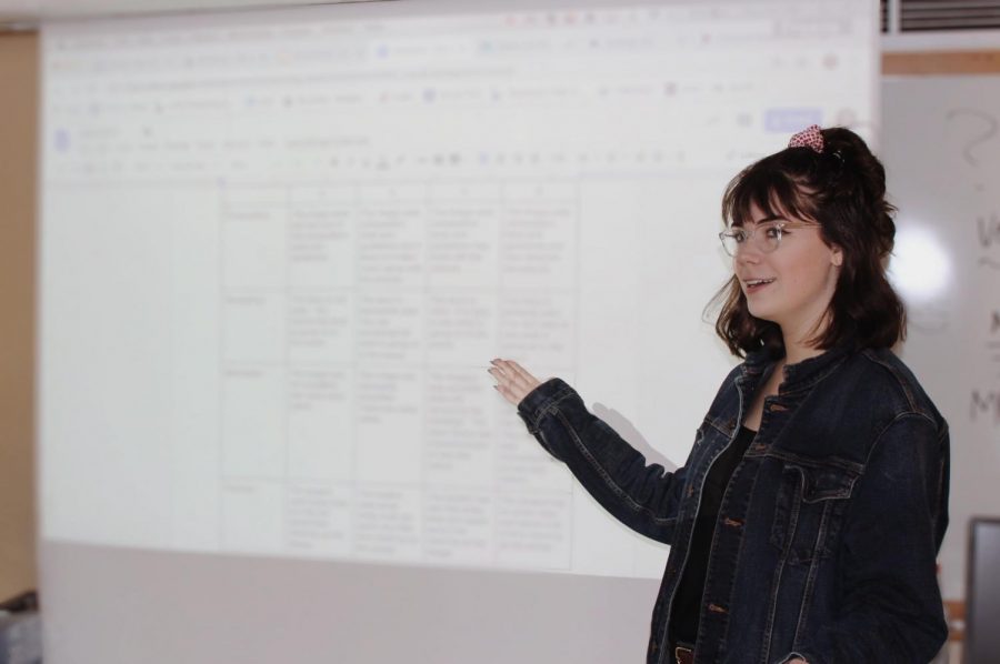 Co Editor-In-Chief Syann Engelhard (LSE, 12) explains newspaper concepts to her team on The Clarion at Southeast in the newsroom on February 14, 2019. This is Syanns third year on the staff of The Clarion. Photo by Emily Price 