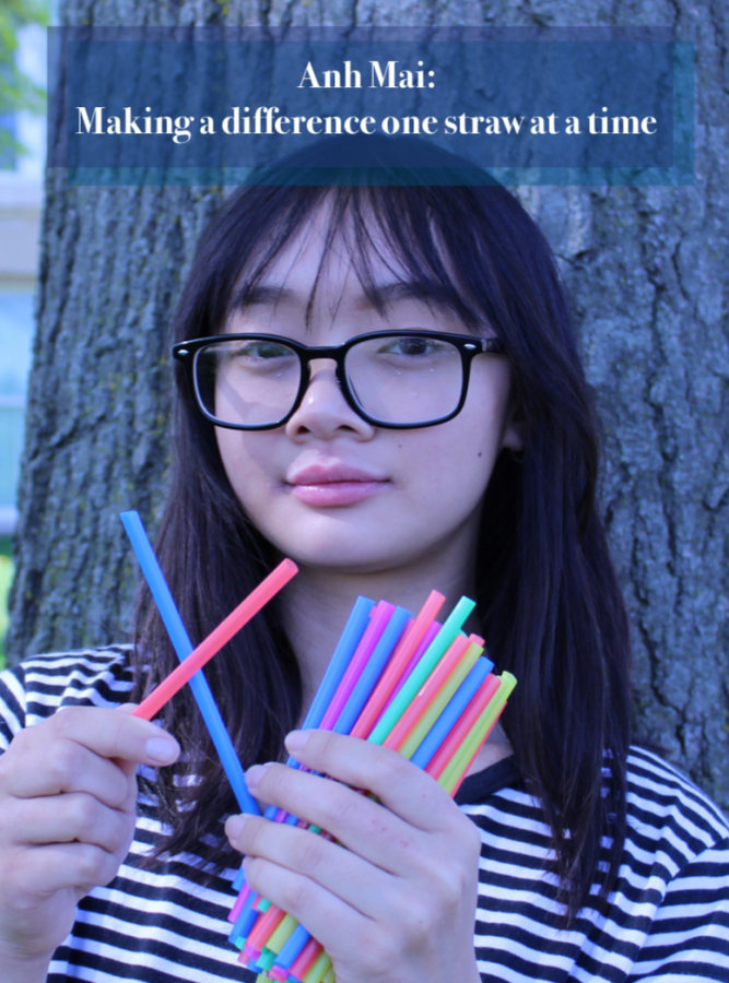 Mai (10) poses with straws and says no to disposable plastic on May 16, 2019. Photo by Audrey Perry.