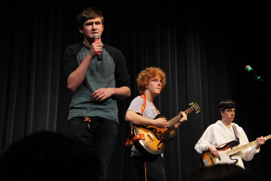 Members of Smells Like Bold perform for Bands Against Bullying on January 25, 2020 in the Ted Sorensen Theatre.
Members from left to right:
Ethan Rask (11), Emerson Borakove (11), and Zach Paegler (11). Photo by Nevaeh Alonzo