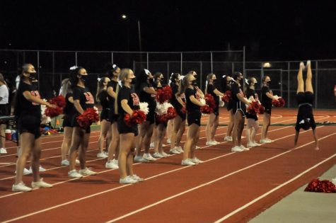 Cheerleaders showing spirit during game.