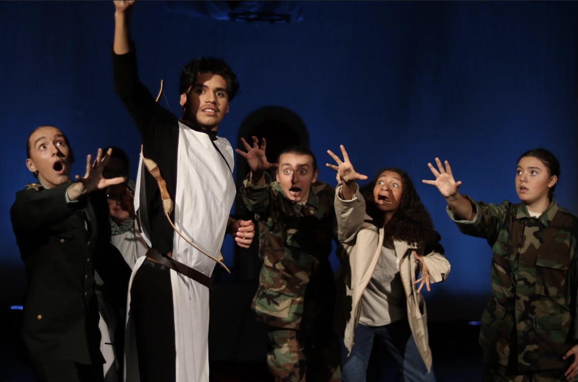 From left, Sam Maser as General Snippet, Eder Bustillos Camacho as a Fenwickian soldier, Henry Alvarez as Tully Bascom, London Reneau as jack, Avery Fletcher as Profesor Kokints, and Eliana Genis-Frank as Jill, performing in The Mouse That Roared.