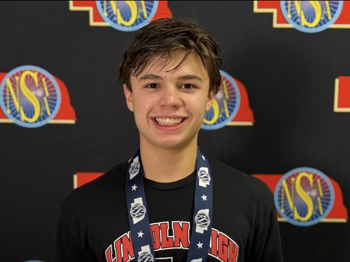 Lincoln High School sophomore Colin Farr after placing first in diving at the NSAA State Swimming and Diving Competition in Lincoln on Thursday.