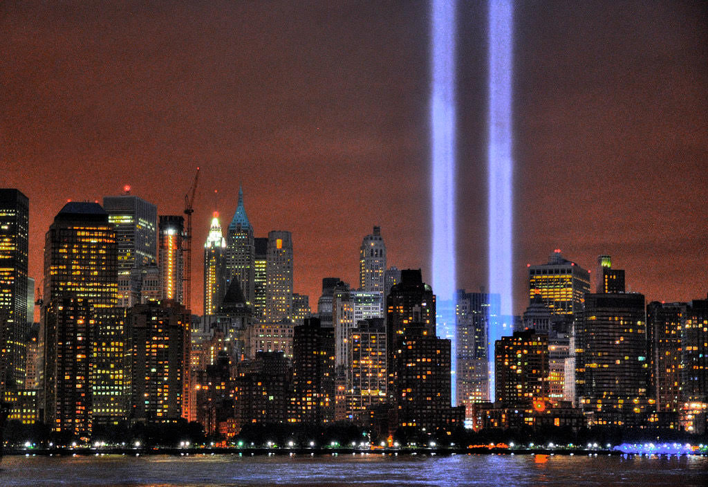 The memorial lights taken at night on 9/11/09.